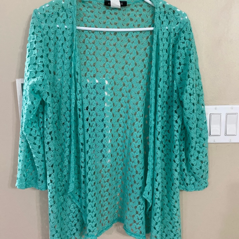 Ashley Blue EUC Women's Teal Open Knit Sweater